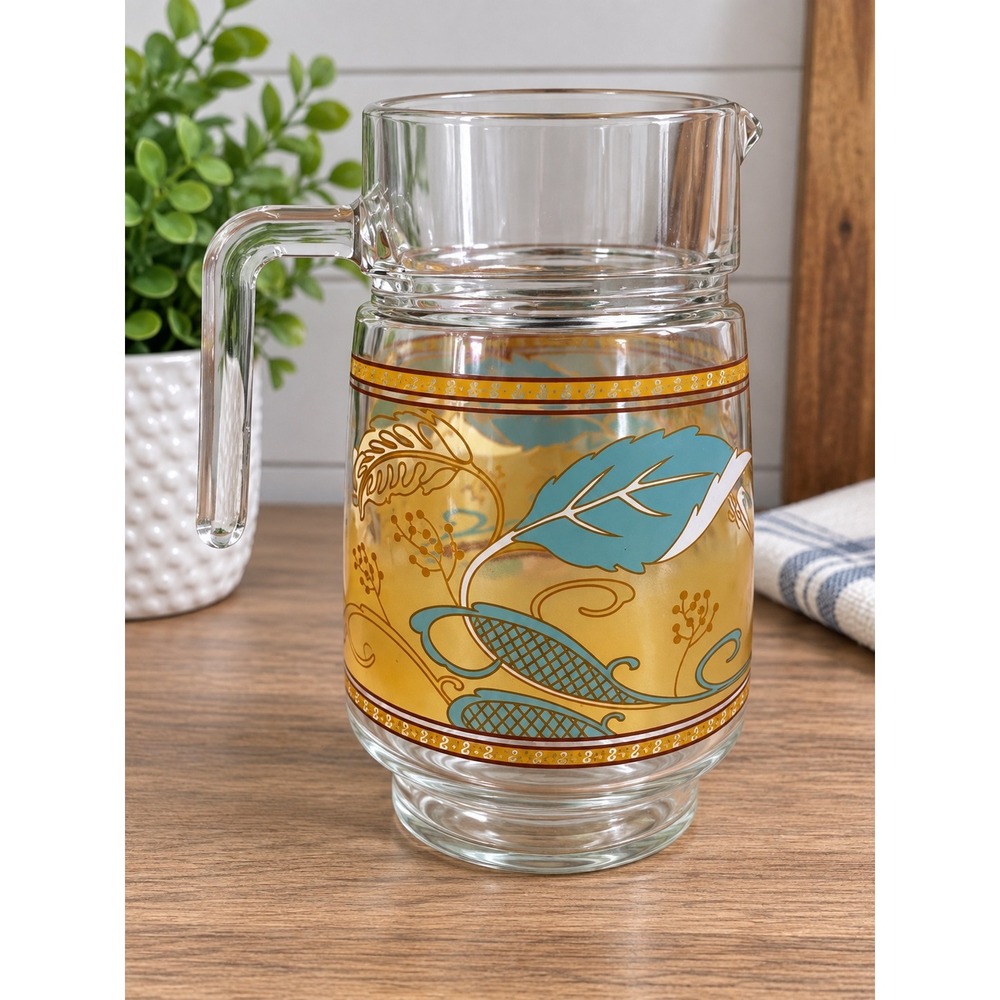 Alpine Cuisine 48oz Glass Pitcher Vintage Teal Gold Leaf Floral MCM Decor 8.5in